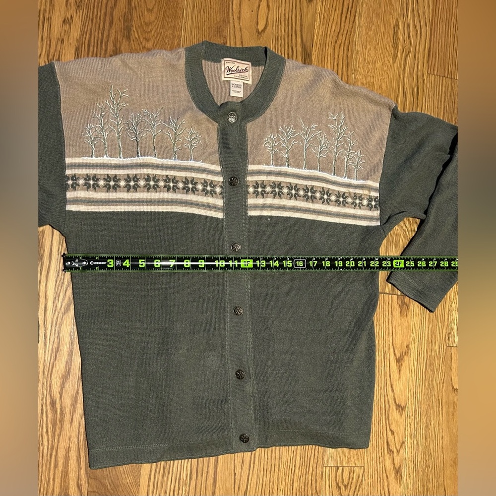 Woolridge Vtg 90’s Ramie Blend Dark Olive Green‎ and Tan Cardigan w/Tree Pattern - Picture 4 of 9